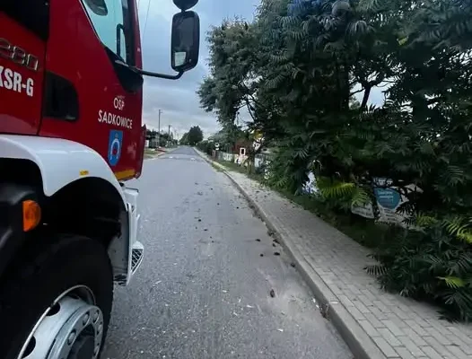 OSP Sadkowice usuwa pochylone drzewo z jezdni