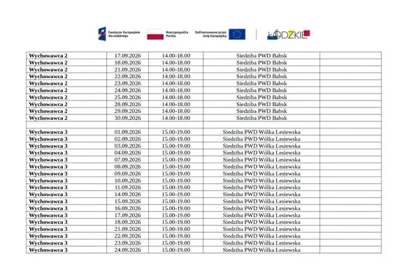 Harmonogram wsparcia dla rodzin w Gminie Biała Rawska na wrzesień 2026