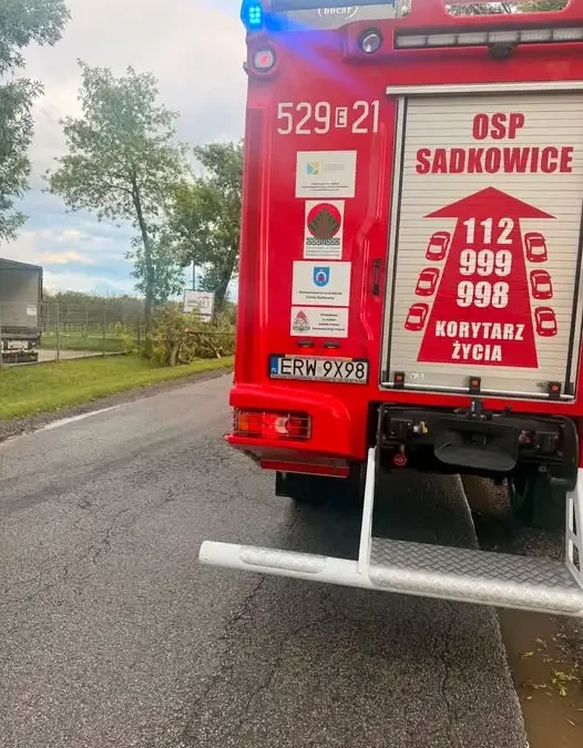 OSP Sadkowice usuwa powalone drzewo z jezdni