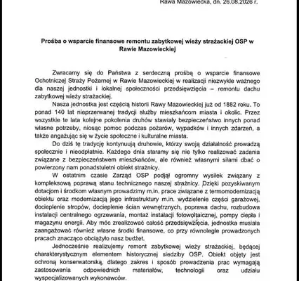 OSP Rawa Mazowiecka apeluje o wsparcie remontu zabytkowej wieży strażackiej
